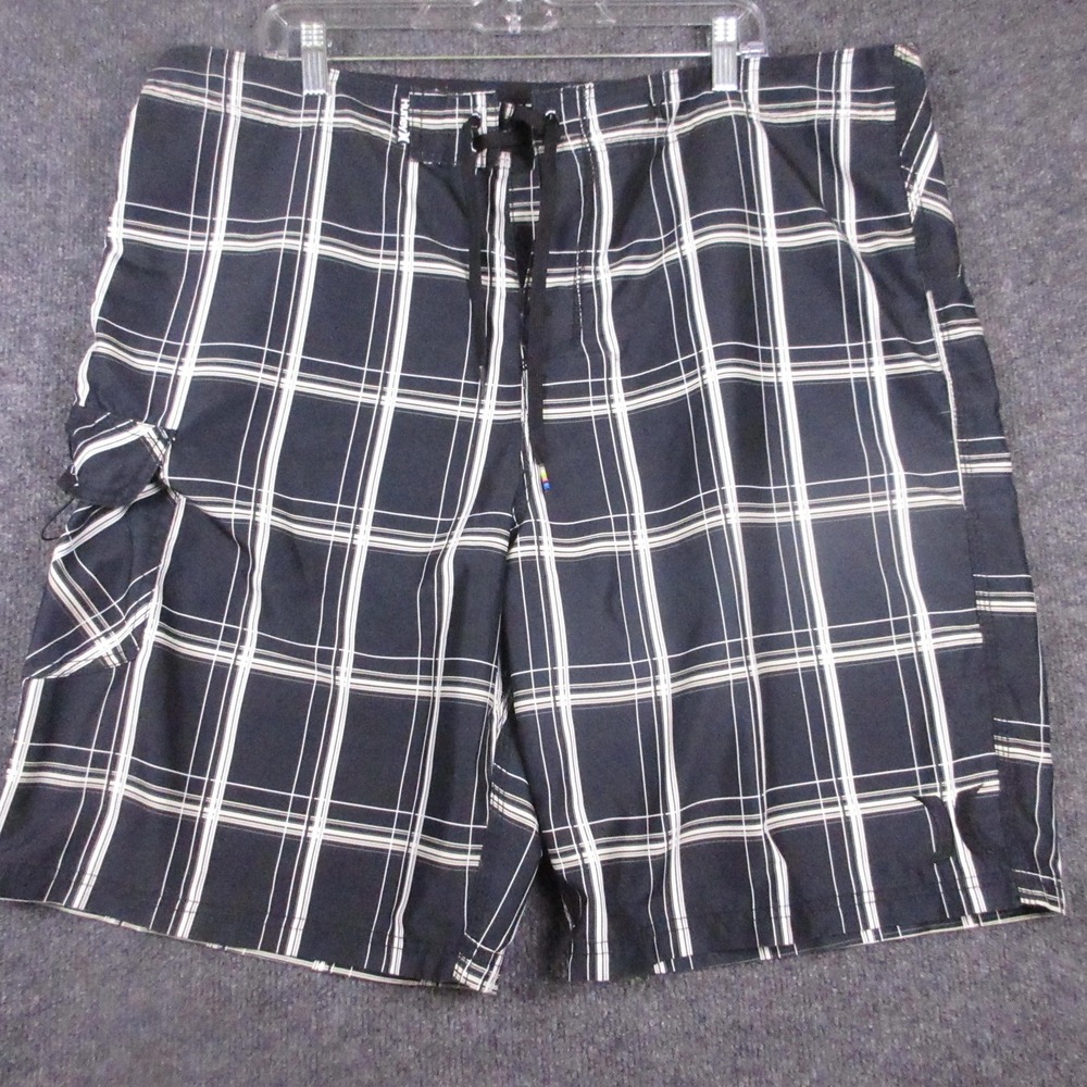 Hurley Swim Shorts Mens 40 Black Plaid Board Trunks Drawstring Back Pocket